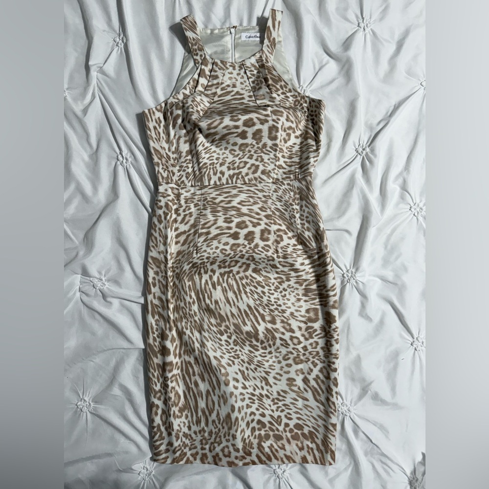 Calvin Klein Brown and Cream Animal Print Midi Dress